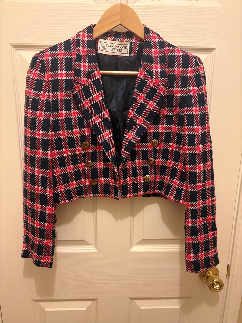 Evan-Picone Petite Pink & Navy Cropped Plaid Blazer A193 Union Tag